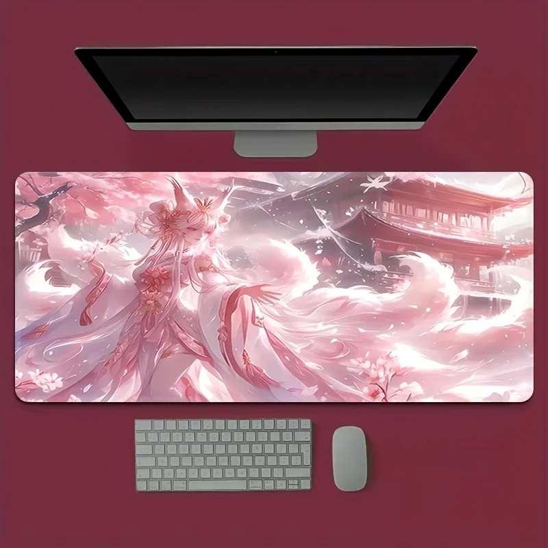 Anime Fox Girl Desk Mat, Extended Non-Slip Rubber Gaming Mouse Pad with Ethereal Pink Aesthetic Design for a Magical Desk Setup