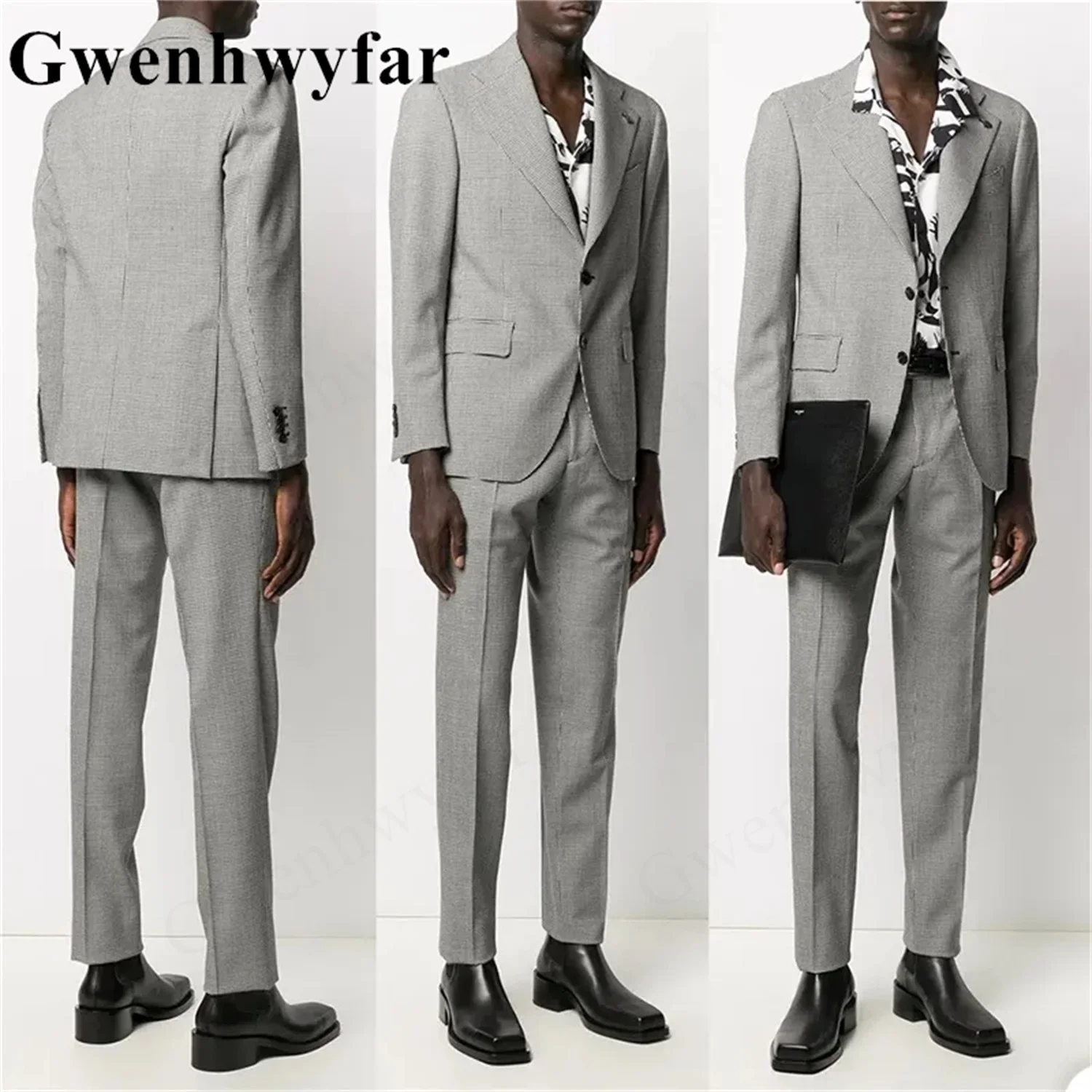 

Gwenhwyfar Men's Grey Suits Tailored 2 Pieces Blazer Pants 2 Buttons Single Breasted Notched Lapel Wedding Formal Custom Made