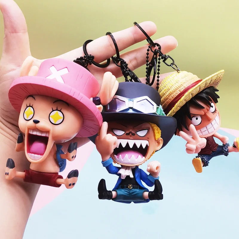 One Piece Anime Keychain, Luffy Sanji Usopp Sabo Chibi Figure Pendant, 3D PVC Keyring for Bag/Car, Cartoon Fans Collectible Gift view 2