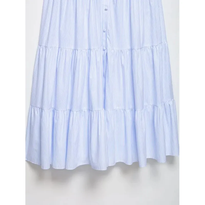 Elegante listrado em camadas babados suspender vestido com decote em v sem mangas sem costas a linha verão robe para mulher 2025 senhoras moda