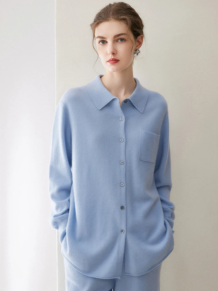Simple 100% Pure Cashmere Lapel Cardigan Sweater Women's Autumn Winter Minimalist Solid Shirt Button Lazy Style Loose Knit Jacke