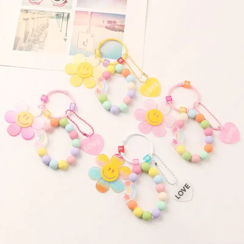 New creative colorful sunflower keychain pendant small fresh round ball chain love rainbow Lady Women Girls Accessories Jewelry