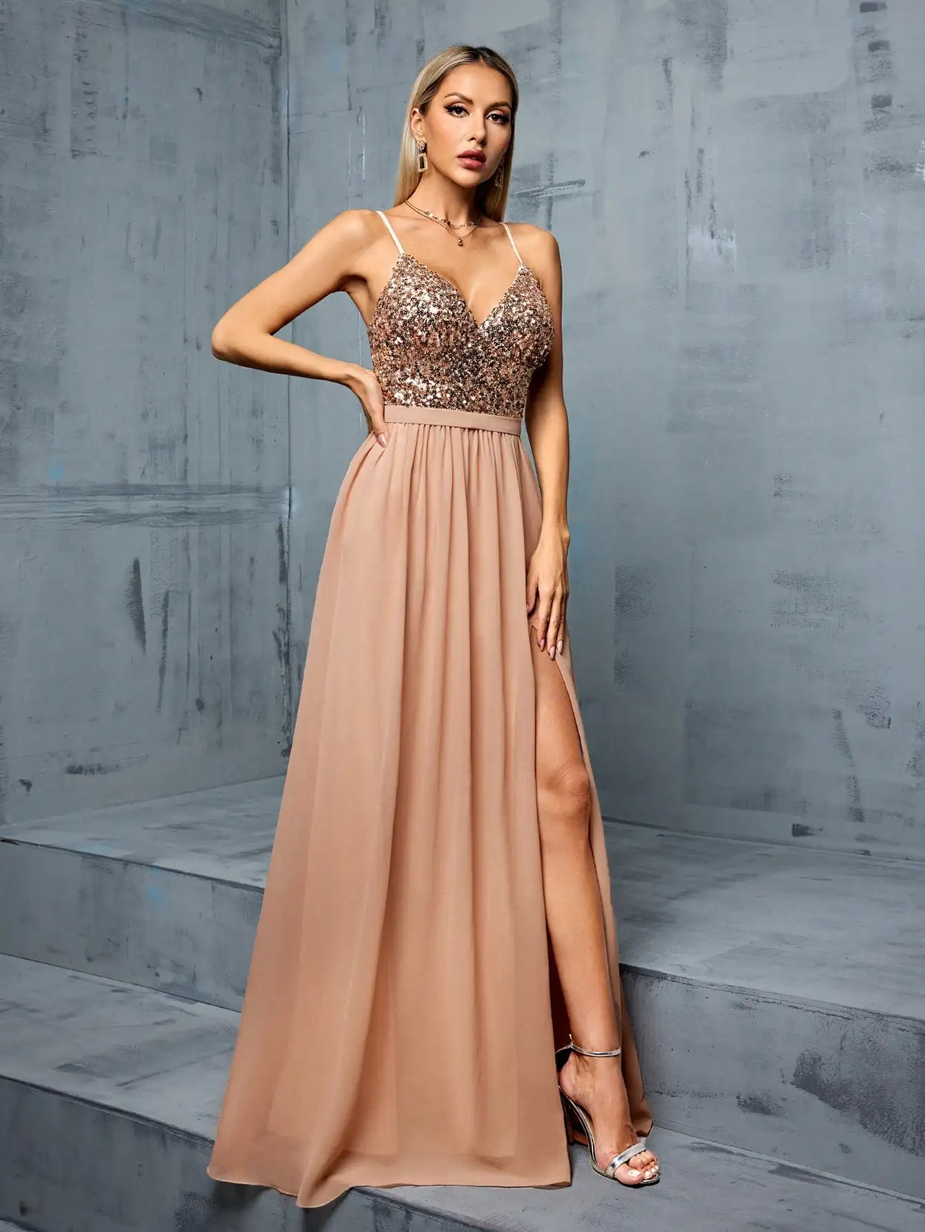 Mgiacy Fine halter Deep V Sequin chiffon split A Full skirt Evening gown PROM dress Party dress Bridesmaid dress