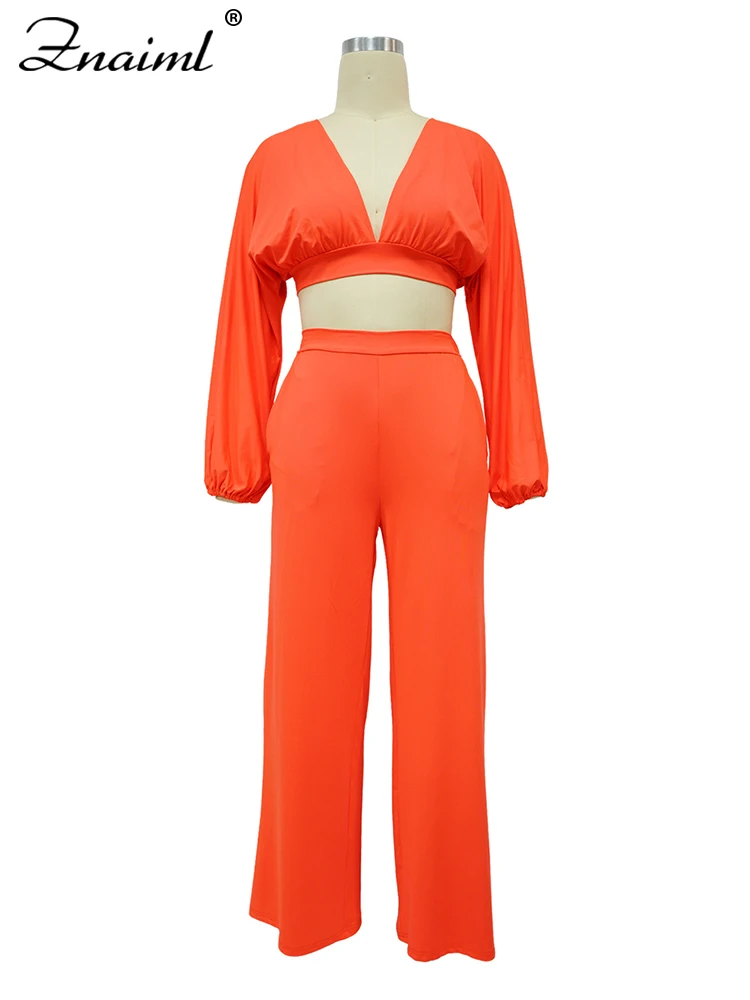 Znaiml Casual Green Two 2 Pieces Wide Leg Pants Sets Women‘s Long Sleeve Deep V-neck Crop Tops and Trousers Birthday Club Outfit
