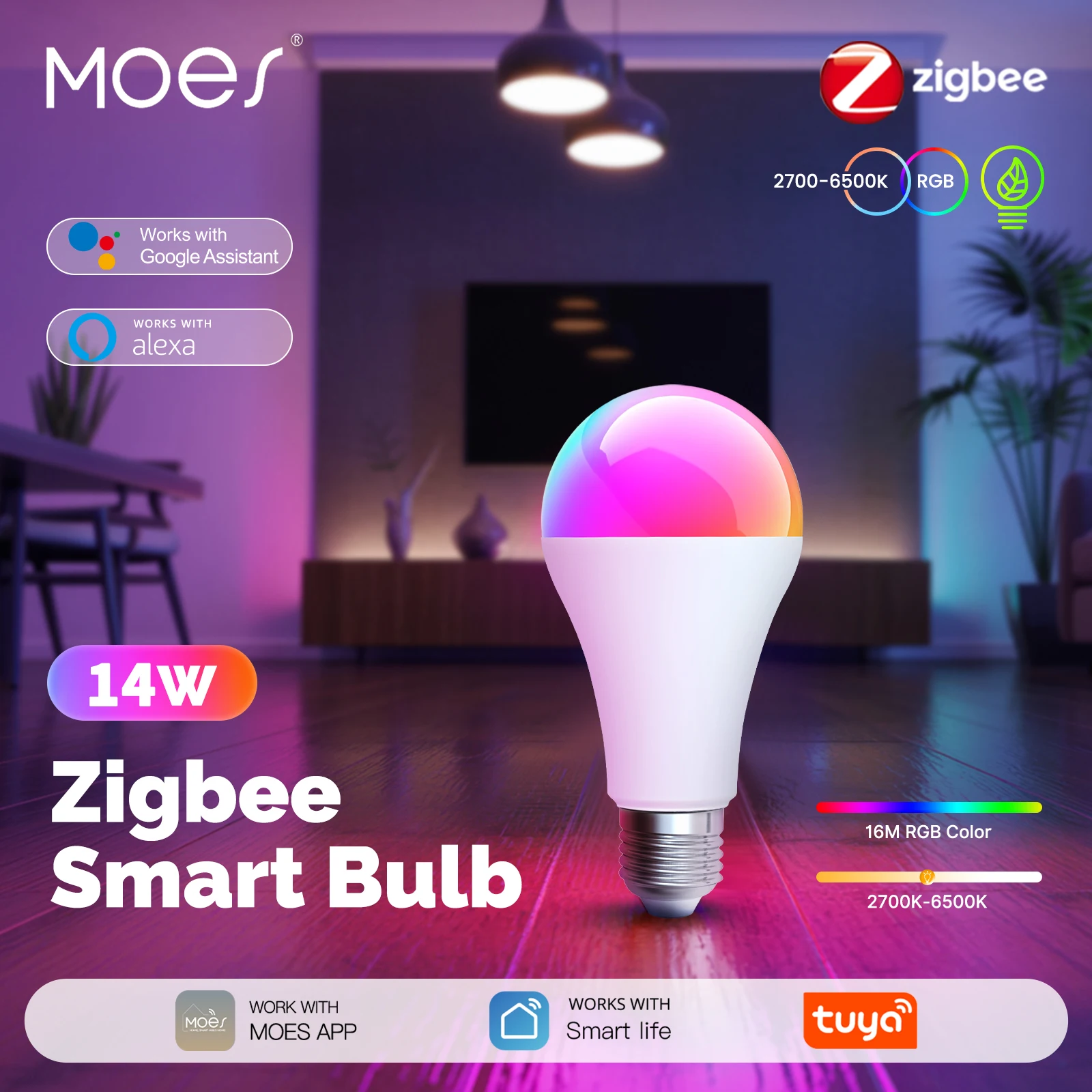 MOES Tuya – ampoule LED intelligente Zigbee, 14W, RGB C + W E27, couleurs, variable 2700K-6500K, application Smart Life, contrôle réglable, Alexa Google Home