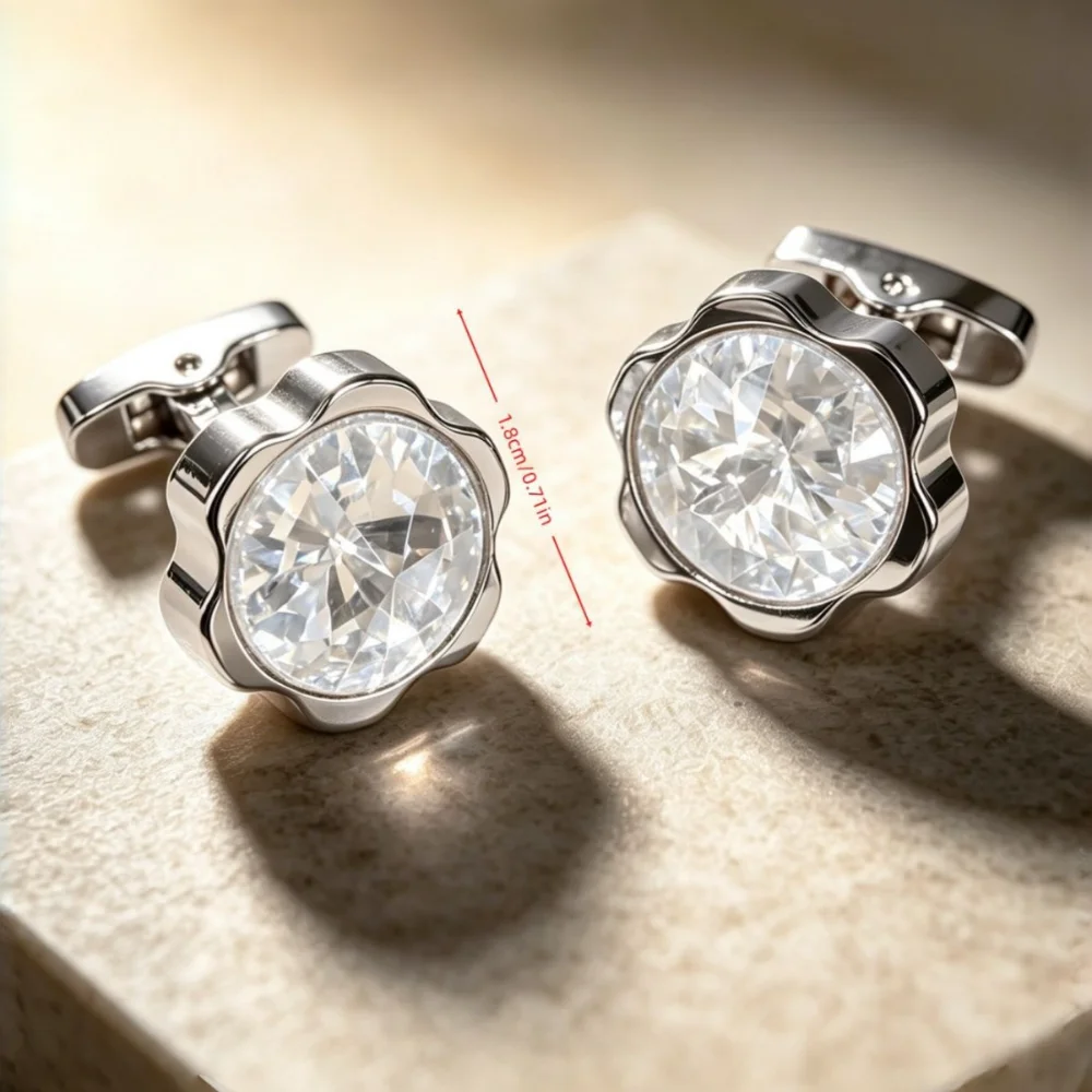 Men's Large Round Rhinestone Cufflinks Multi Color Crystal Flower Edge Metal Cuff Links Shirt Sleeve Buttons Wedding Groom Gift