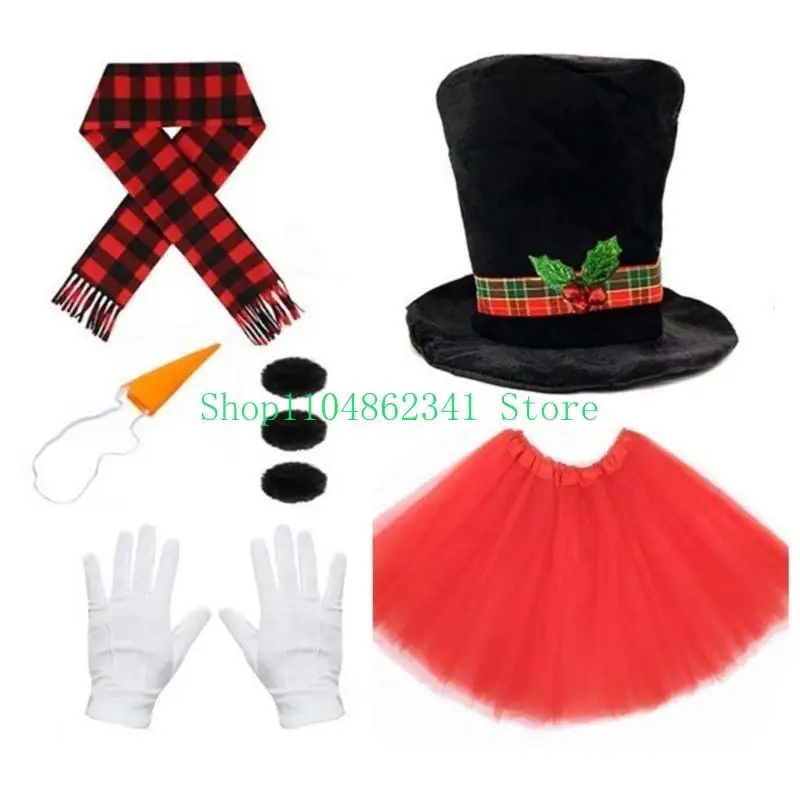 Sneeuwpop kostuumset Kerstmis Winter Frosty kostuum Sneeuwpophoed met tutu Rokken Wortel Neussjaal Handschoenen Pompons Ballen