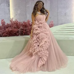 Sevintage Pink Saudi Arabic Tiered Ruffles Tulle Evening Dresses Strapless Pleat Ruched A-Line Prom Dress Wedding Party Gown