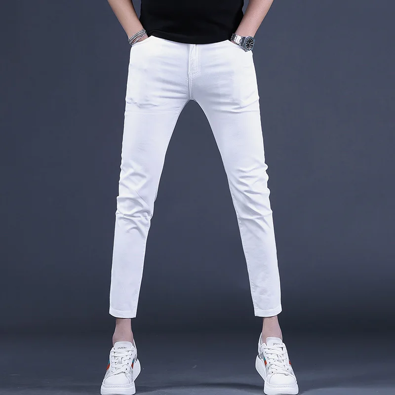 

Высококачественные чисто-белые джинсы Nine-Tenths для мужчин, облегающие повседневные брюки, модные летние новинки из тонкой джинсовой ткани, молодежные стильные.