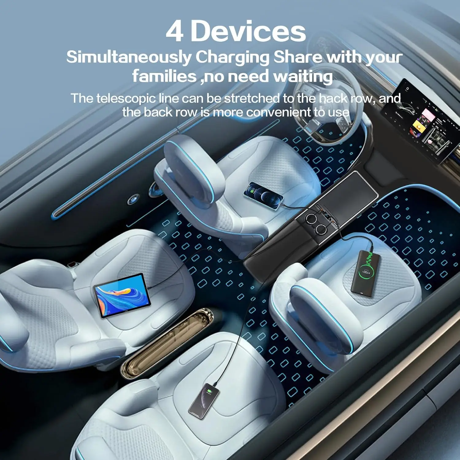 4 in 1 For Tesla Model 3 Model Y Car USB Charger TypeC with Retractable Cable USB Center Console Adapter 27W PD Type C QC 3.0