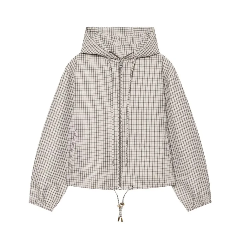 HipSeam Women's Checked Hoodie Jacket with Drawstring New 2026 Autumn Casual Long Sleeve Women Zipper Jackets Female Chic Coats