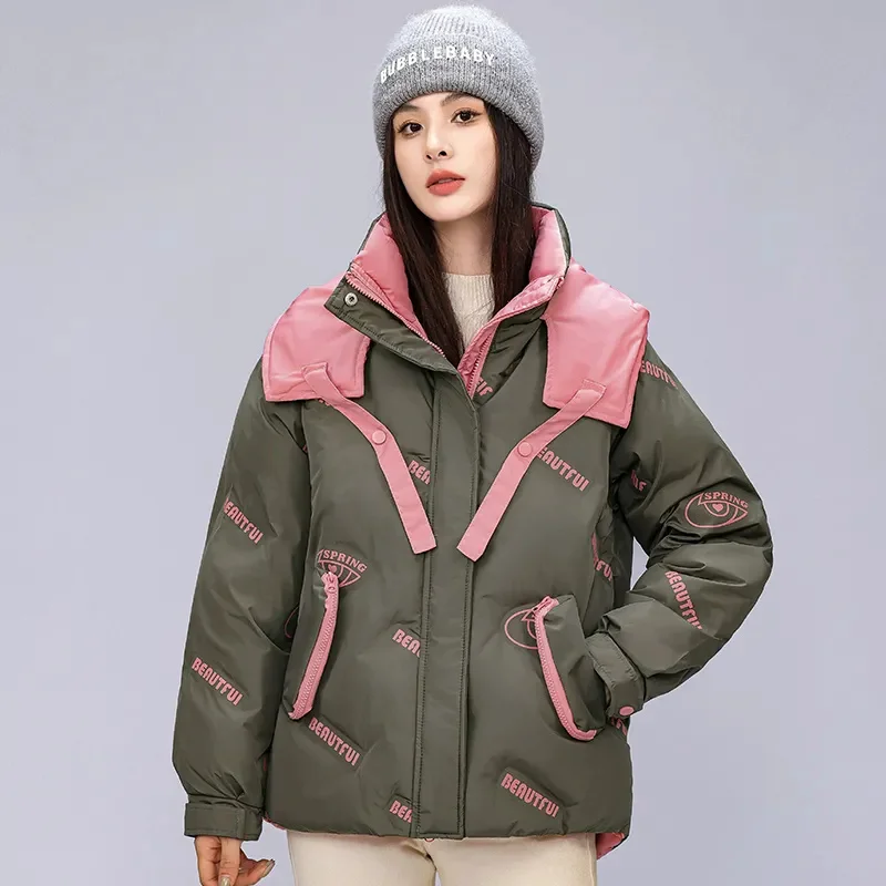 2024 Nuovo piumino di cotone stampato cappotto addensato da donna inverno edizione coreana cappotto corto allentato con cappuccio femminile caldo Parker Outwear