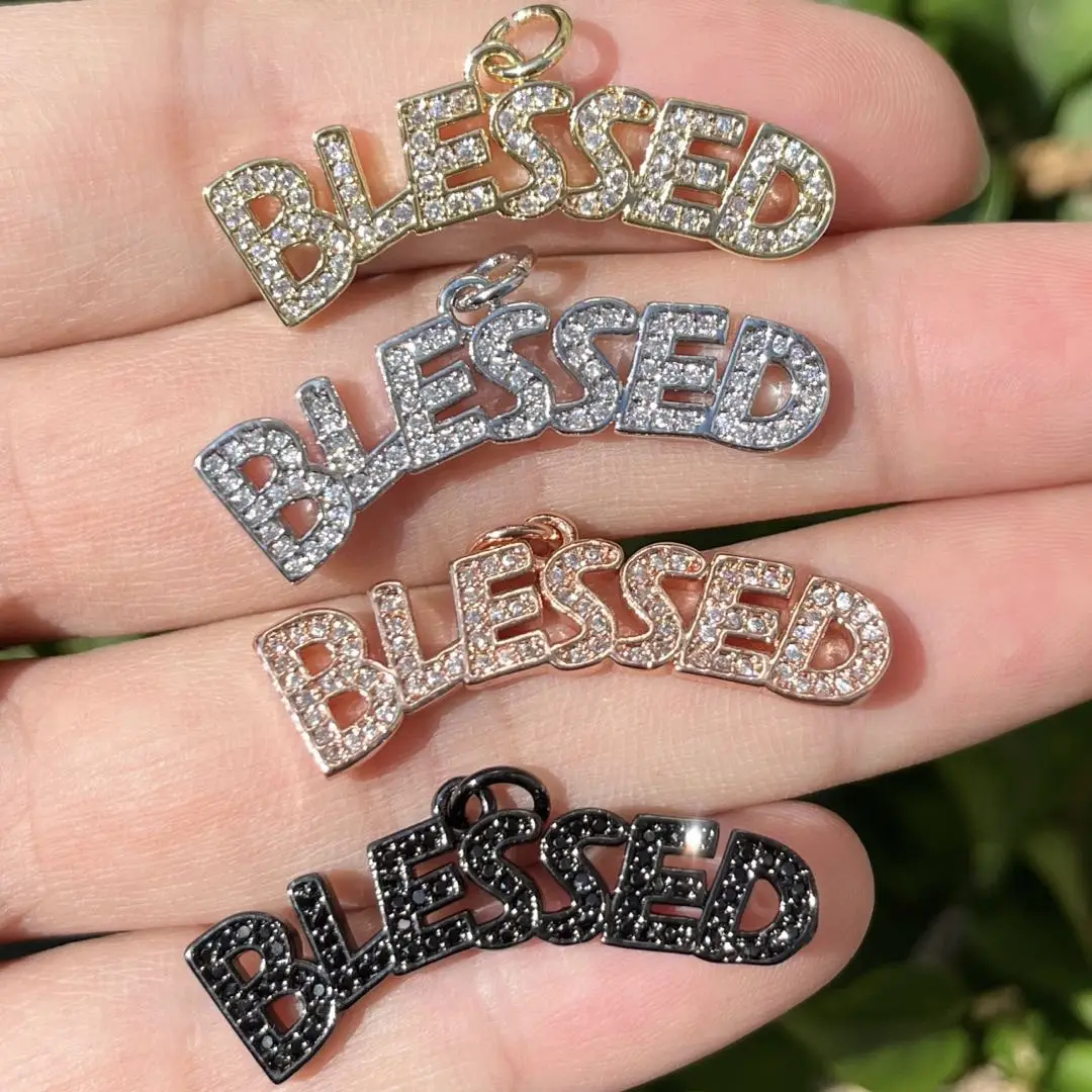 

5Pcs Blessed Charms Cubic Zirconia Pave Word Letter Pendant For Bracelets Necklace Bangle Jewelry Making