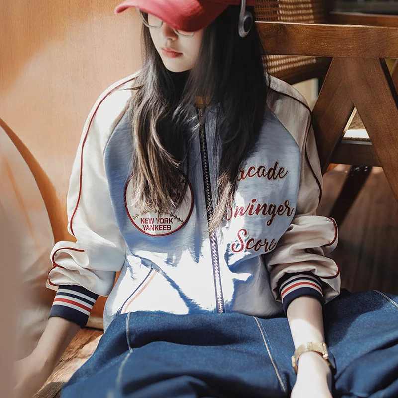 

Maden Women's Baseball Varsity Jacket Satin Embroidered Female Overcoat Short Retro Outerwear Light Blue Korea fashion Y2K Coat