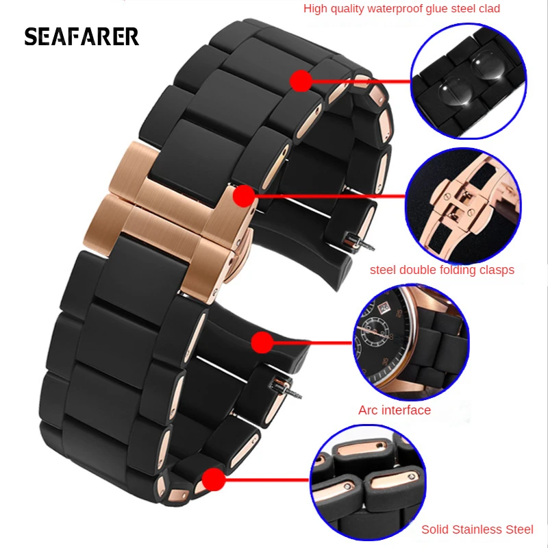 20mm 23mm Rubber Stainless Steel Silicone Strap Butterfly Buckle Watch Strap for Armani AR5905 Sport Black Brown White Blue