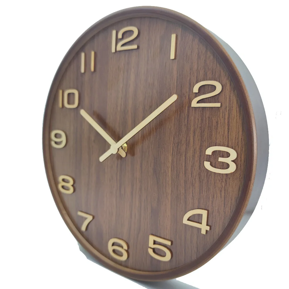 Walnut Color 3D Wooden Round Wall Clock Silent Non Ticking Minimalist Home Decor For Living Room Bedroom Office