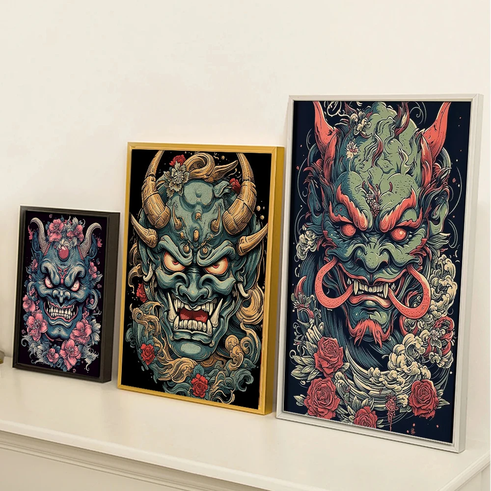 Japanese Oni Mask Poster Prints For Living Room Home Decor Japan Folklore Mythical Creature Demon Canvas Painting Wall Art