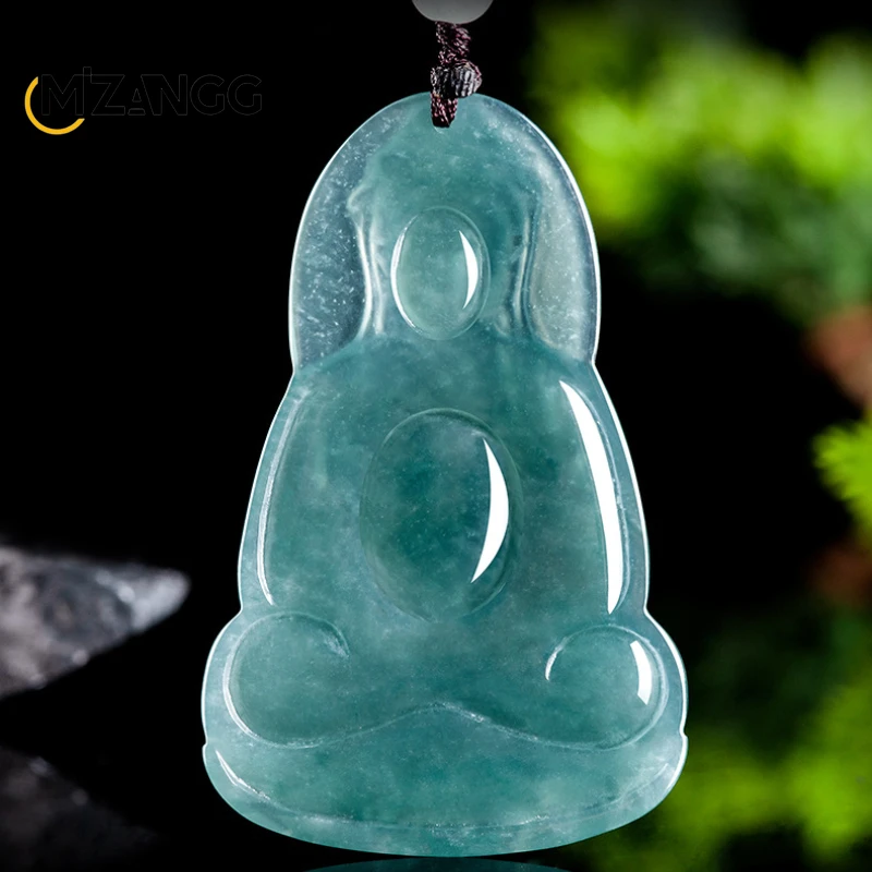 Natural Jadeite Blue Water Vase Guanyin Pendant Hand-carved High-end Exquisite Ice Jade Necklace Men and Women Holiday Gift