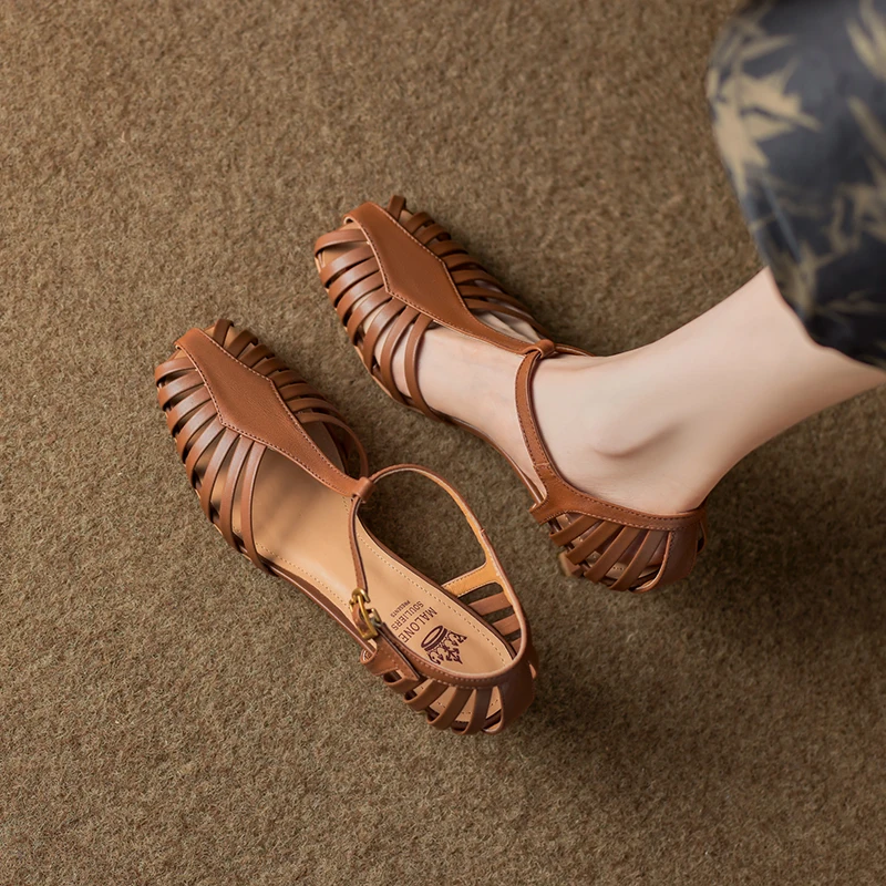 2024 New Women Shoes Genuine Leather Sandals Rome Style Thick High Heeled Comfort Casual Shoes Woman Square Toe Summer Pumps