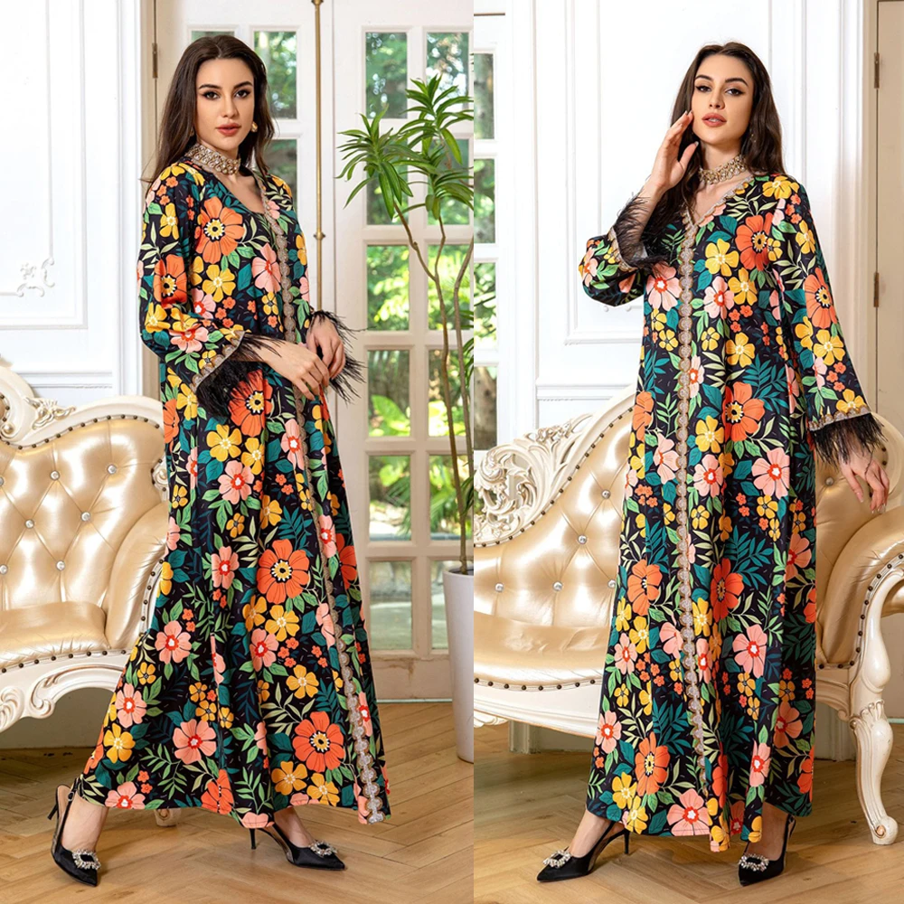 

Muslim Women Fashion Floral Abaya Dubai Feathers Patchwork Long Sleeve Dress Casual Diamonds V-Neck Moroccan Saudi Robe Ramadan