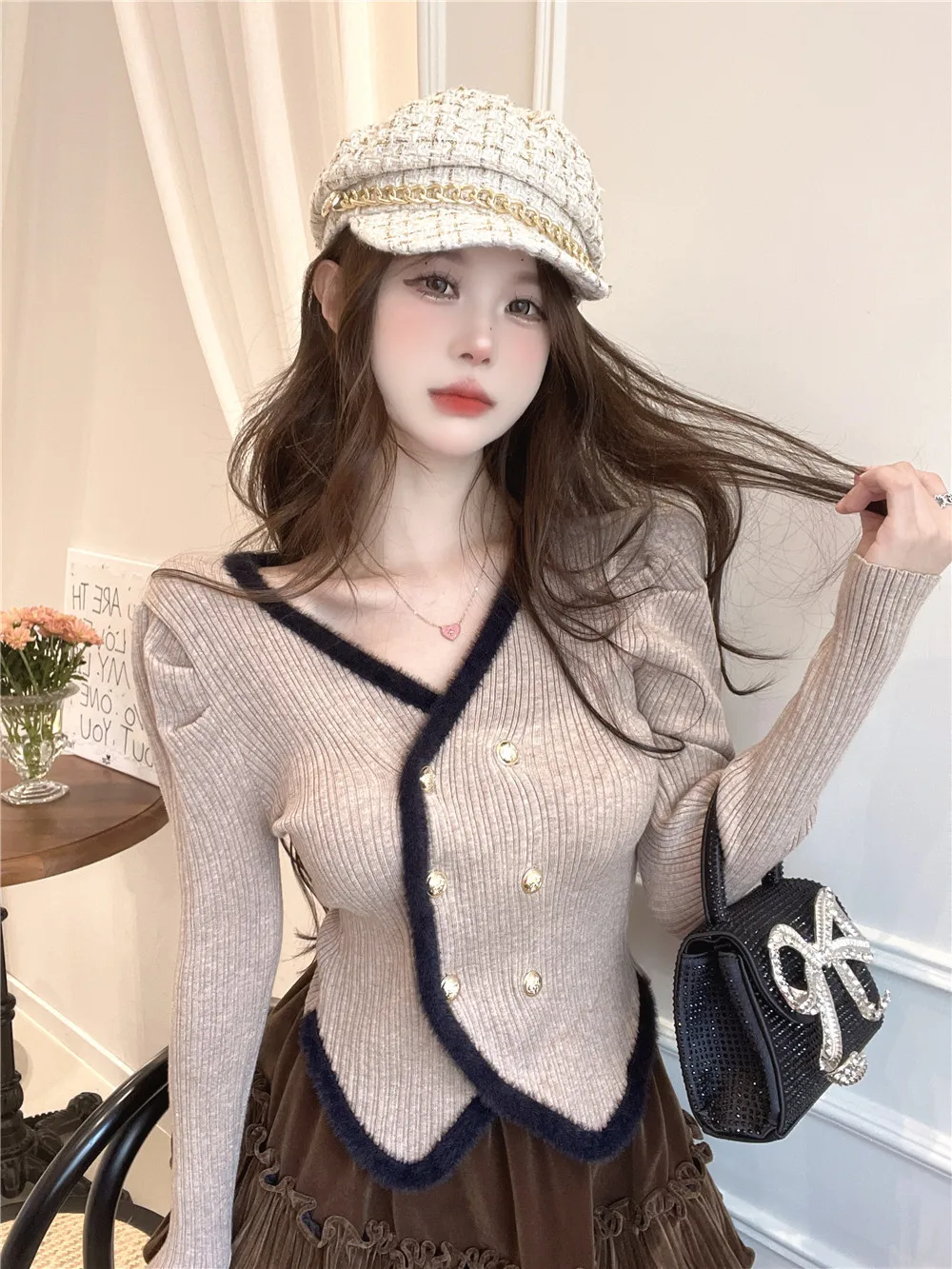 Double Breasted Long Sleeved Knitwear Irregular Crop Top Jumper Bottom Slim  V Neck Sweater Mujer Black Coat Clothes