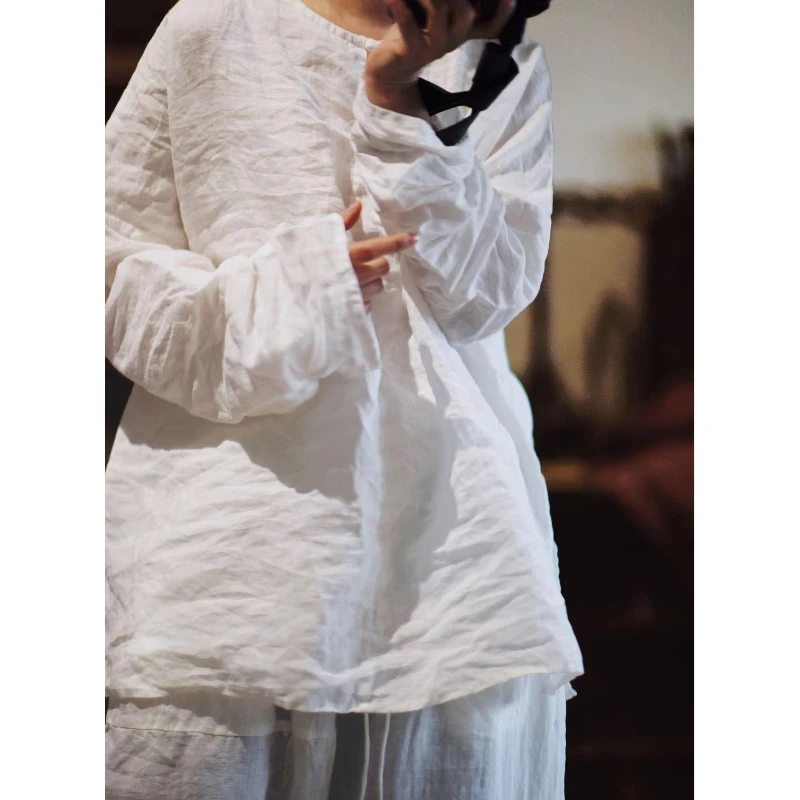 Women Plus Size Long Sleeve Ramie T-shirts New 2025 Spring Summer Vintage Style O-neck White Color Loose Female Casual Tops Tee