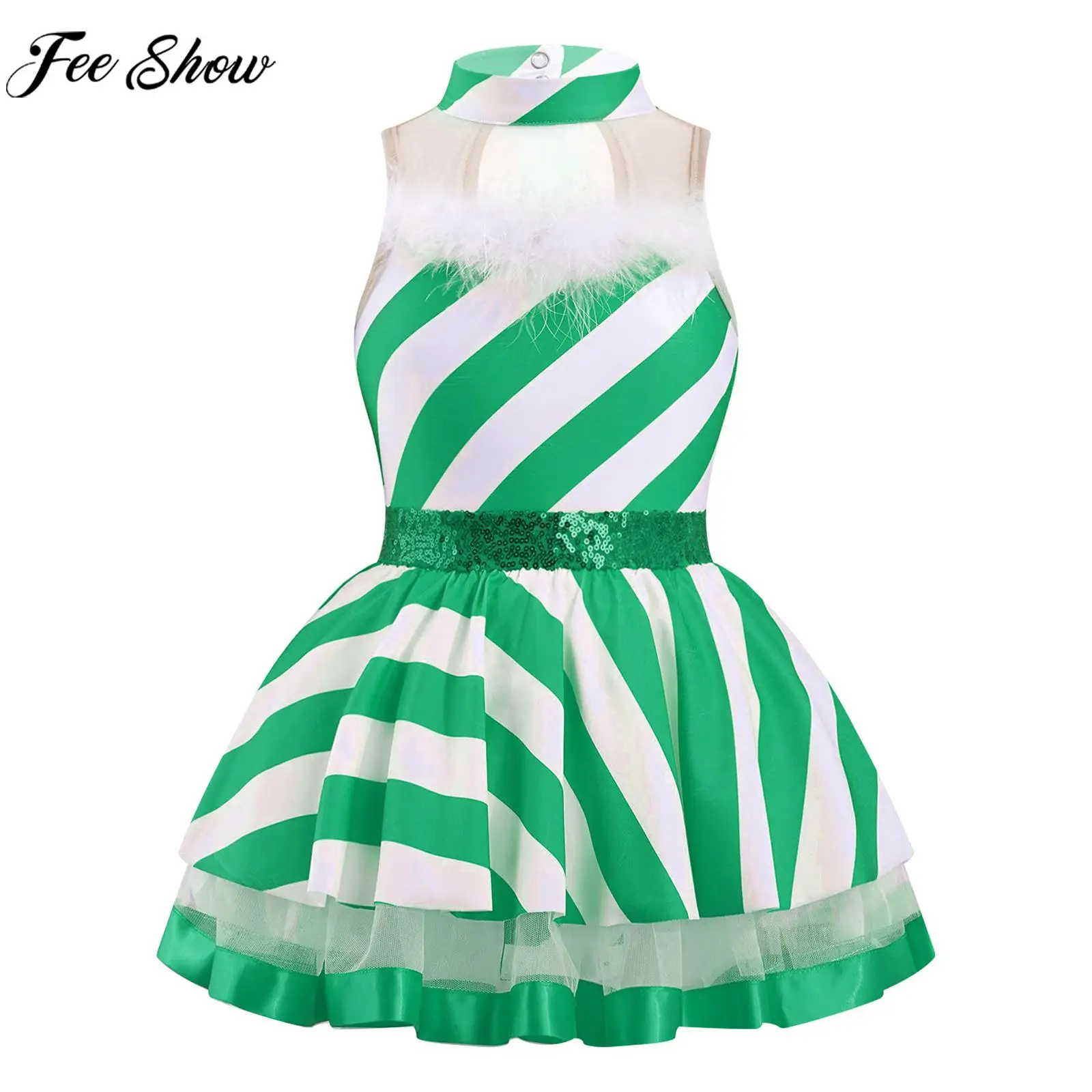 Children Girls Christmas Elf Dress Xmas New Year Theme Party Carnival Cosplay Performance Costume Sleeveless Striped Mesh Tutu