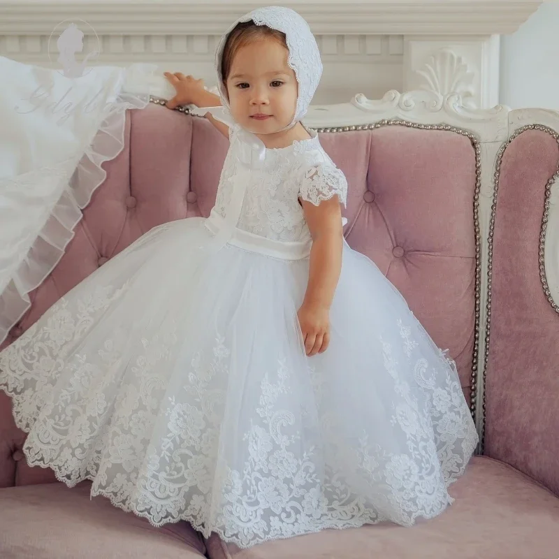 White  Baby Dresses Tulle Puffy Lace Appliques With Bow Belt Short Sleeve For Wedding Birthday Party First Communion Gowns