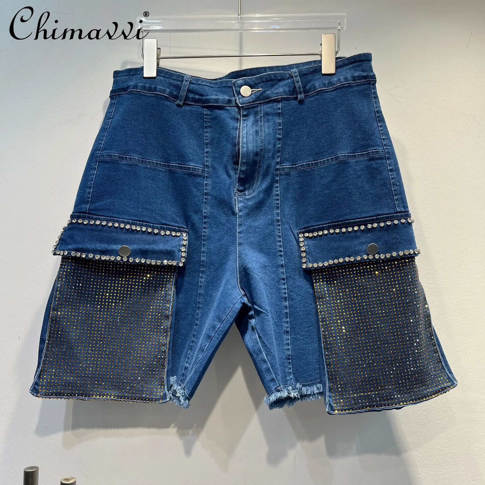 Diamond Denim Shorts Women's Spring and Summer New Fashion Elastic High-waisted Slim-fit European Station Straight-leg Pants