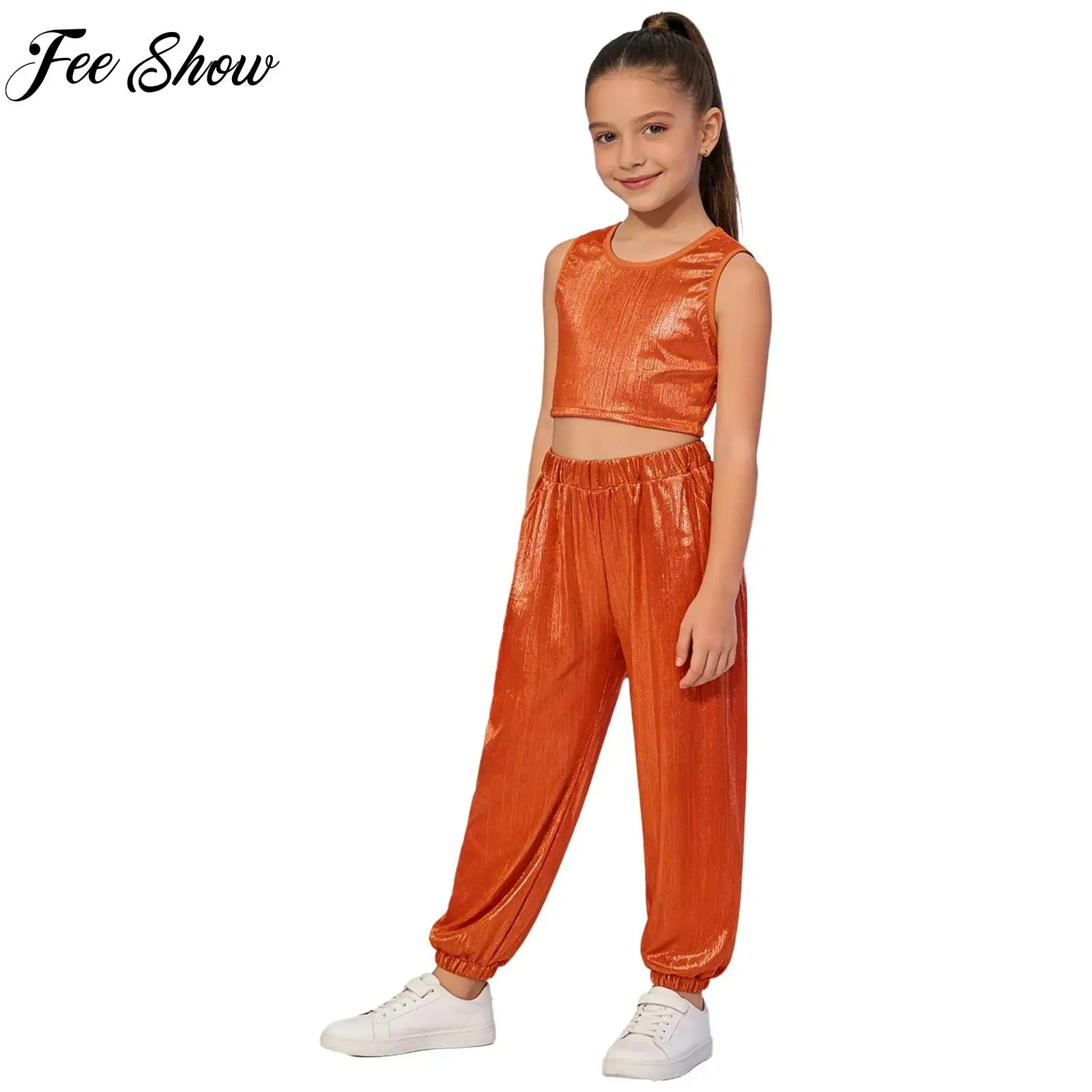 Kids Girls Hip Hop Jazz Rhythmic Dance Outfit Sleeveless Metallic Vest with Elastic Waistband Pants for Cheerleading Performance