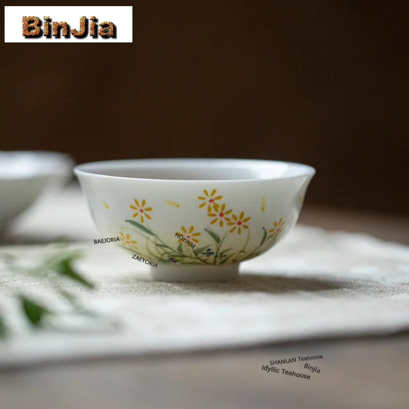BAEJORIA 80ml Hand Drawn Daisy Teacup Handmade Tea Bowl Water Jug Personal Cup Chazhan Oolong Tea Household Tea Items