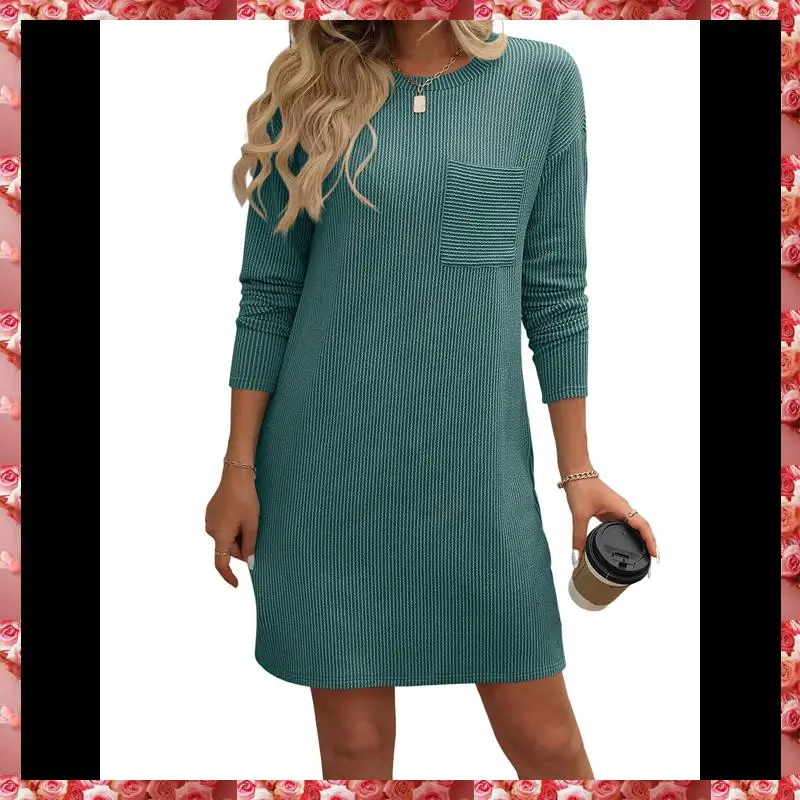 Mini robe t-shirt côtelée à manches longues et col rond pour femme, décontractée, automne