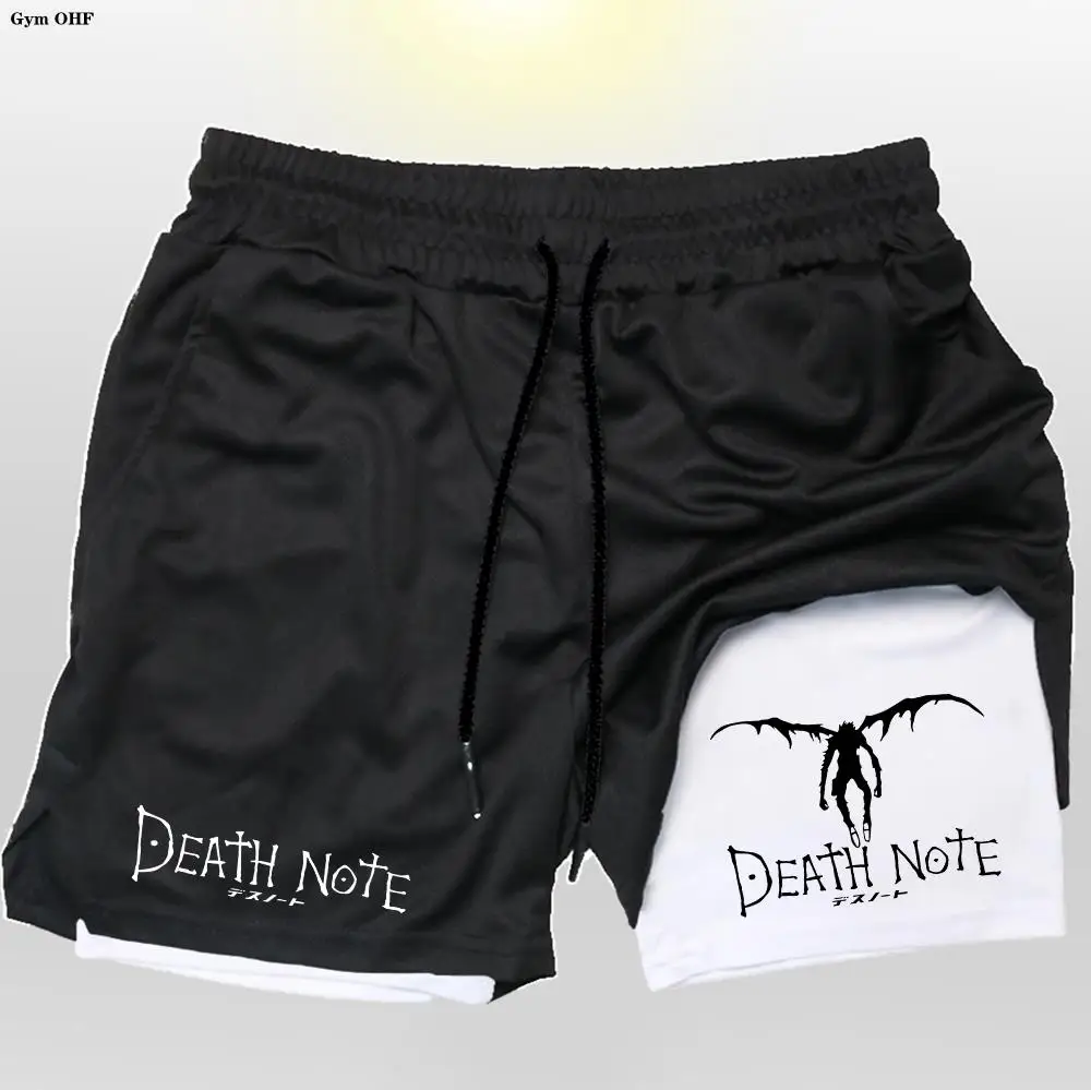 Męskie spodenki 2 w 1 dwupokładowe Anime Death Note szybkoschnący siłownia biegnący spodenki sportowe Fitness Jogging trening krótkie spodnie na