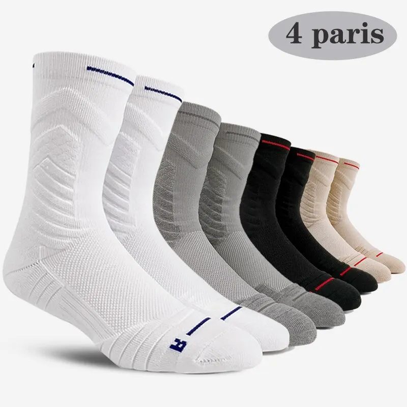 4 paires/lot chaussettes de basket-ball professionnelles respirant hommes chaussettes mi-tube chaussettes de sport blanches serviette bas hommes chaussettes de basket-ball