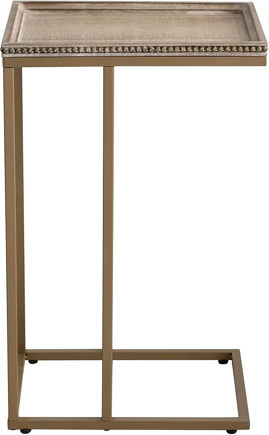 C-Shaped Beaded Edge Tray Top End Table with Distressed Wood and Metal Base for Living Room, Office, or Small Space Use