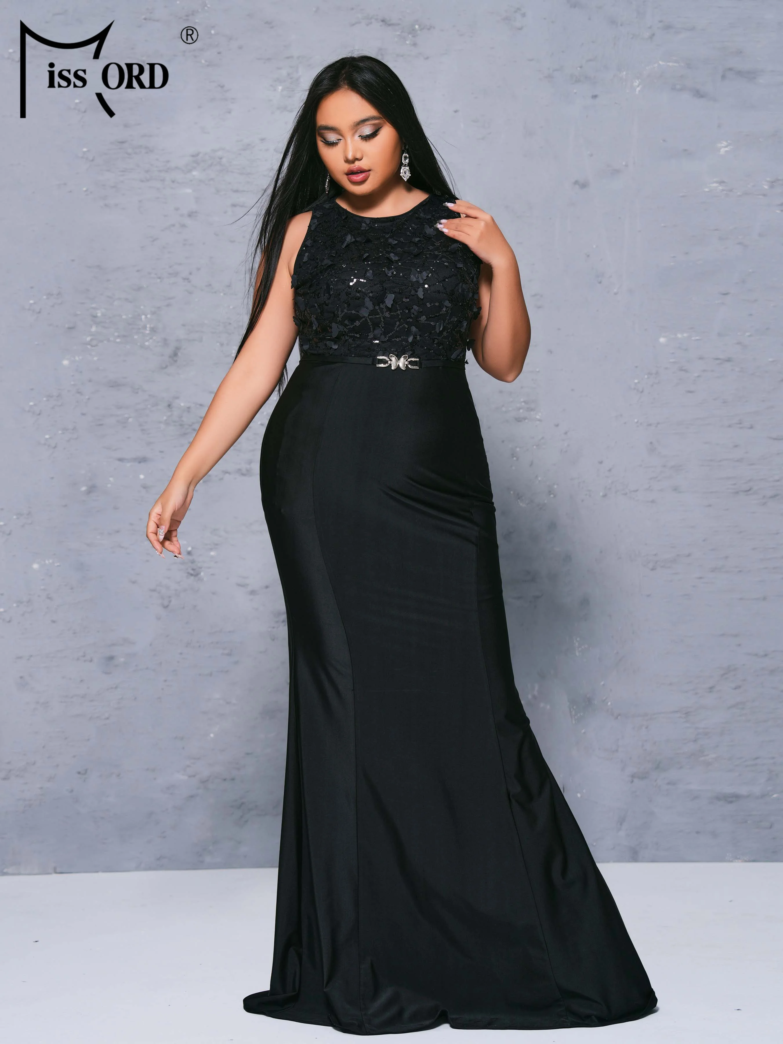 Missord Plus Size Round Neck Sleeveless Panel Black Mermaid Evening Large Evening Formal Occasion Dresses