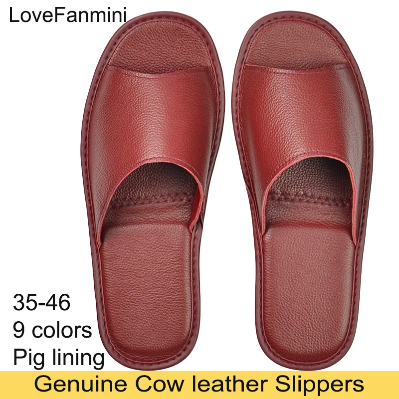 Genuine Cow Leather Slippers Homes in indoor slipper summer open toe sandals men women elderly casual single Slides shoes