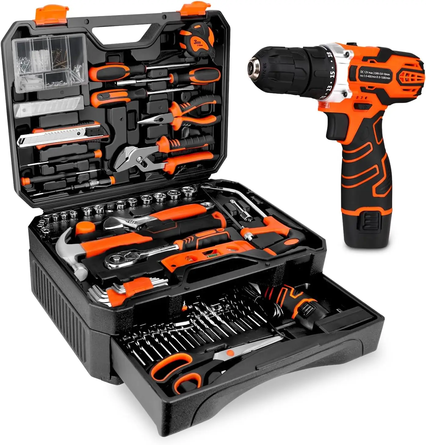 255-Piece Tool Set - Tool Kit with 12V Cordless Drill Driver, Toolbox Storage Case with Drawer, General Household Drill Set for