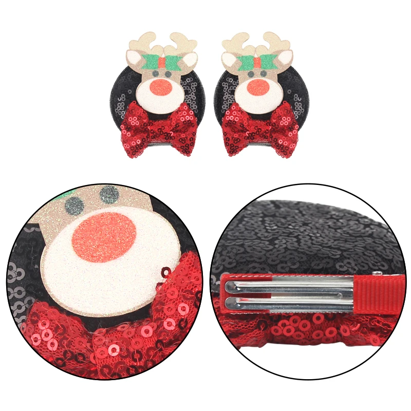 새로운 디즈니 미키 크리스마스 마우스 귀 헤어 클립 소녀를위한 반짝이 활 머리핀 어린이 축제 파티 DIY 헤어 액세서리