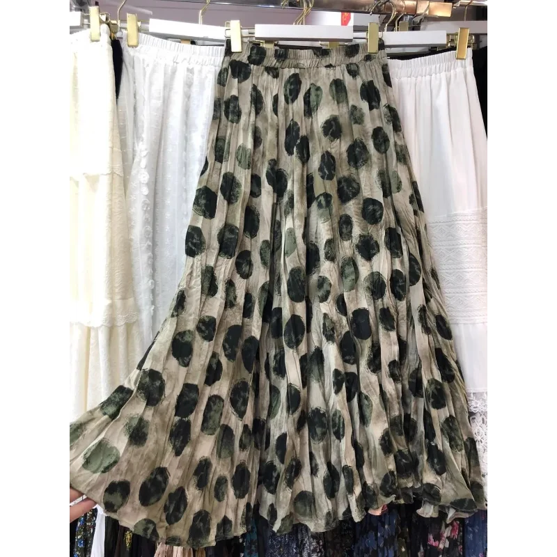 

Women Polka Dot Pleated Midi Skirt Elastic Waist Casual A Line Flowy Skirt