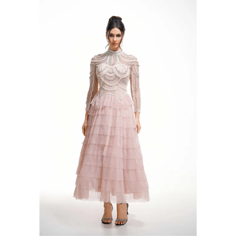 

VIBE Fashion Women's Elegant Banquet Dresses Beaded Spliced Round Neck High Waist Long Sleeve Maxi Dress Female Spring New