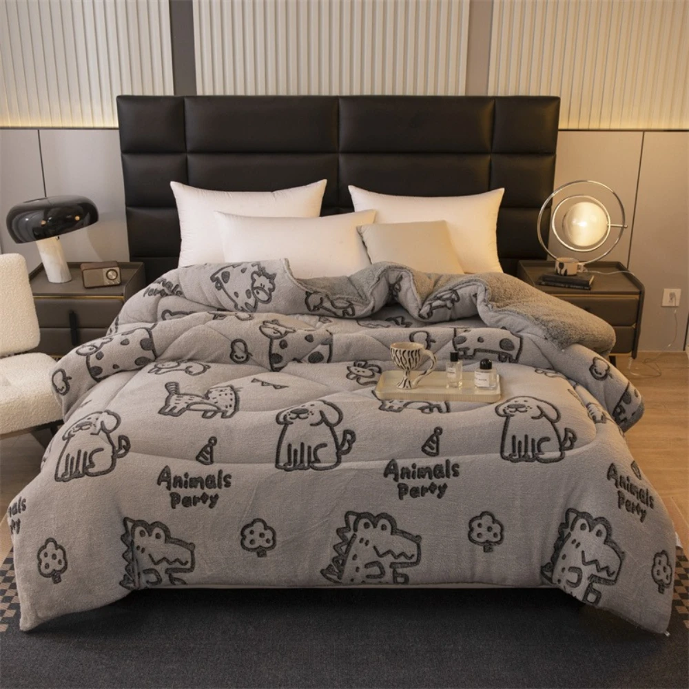 1‑Piece Cartoon Animal Party Print Sherpa Comforter Reversible Flannel Thick Warm Winter Quilt Soft Cozy Bed Duvet For Bedroom Home