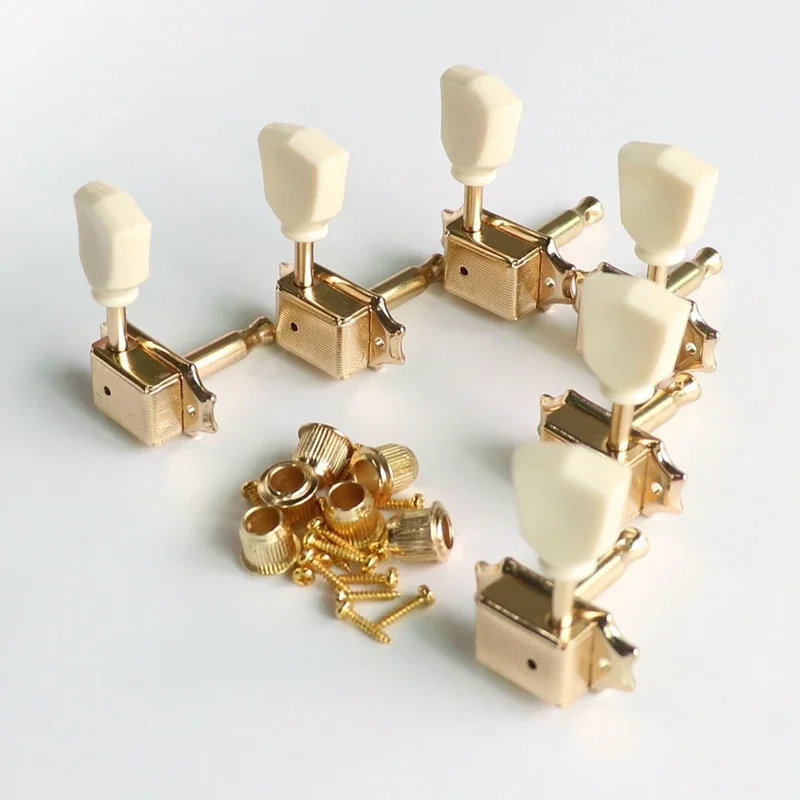 Donlis 3+3 Gold Color 8mm LP Guitar Tuners Kluson Style With Vintage White Handle 9mm Bushings