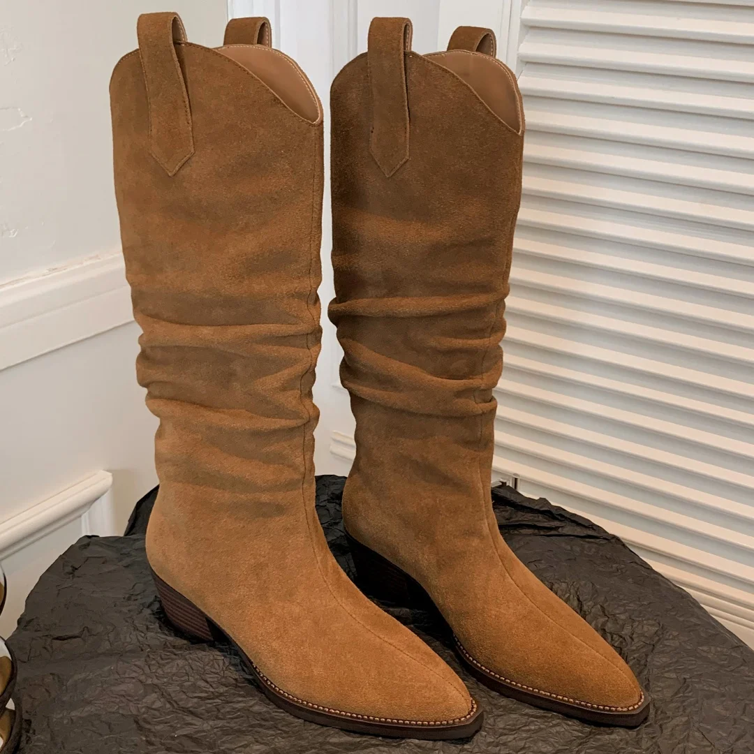 

Women's natural suede leather pointed toe slip-on pleated knee high western boots 5cm thick med heel elegant ladies long boots