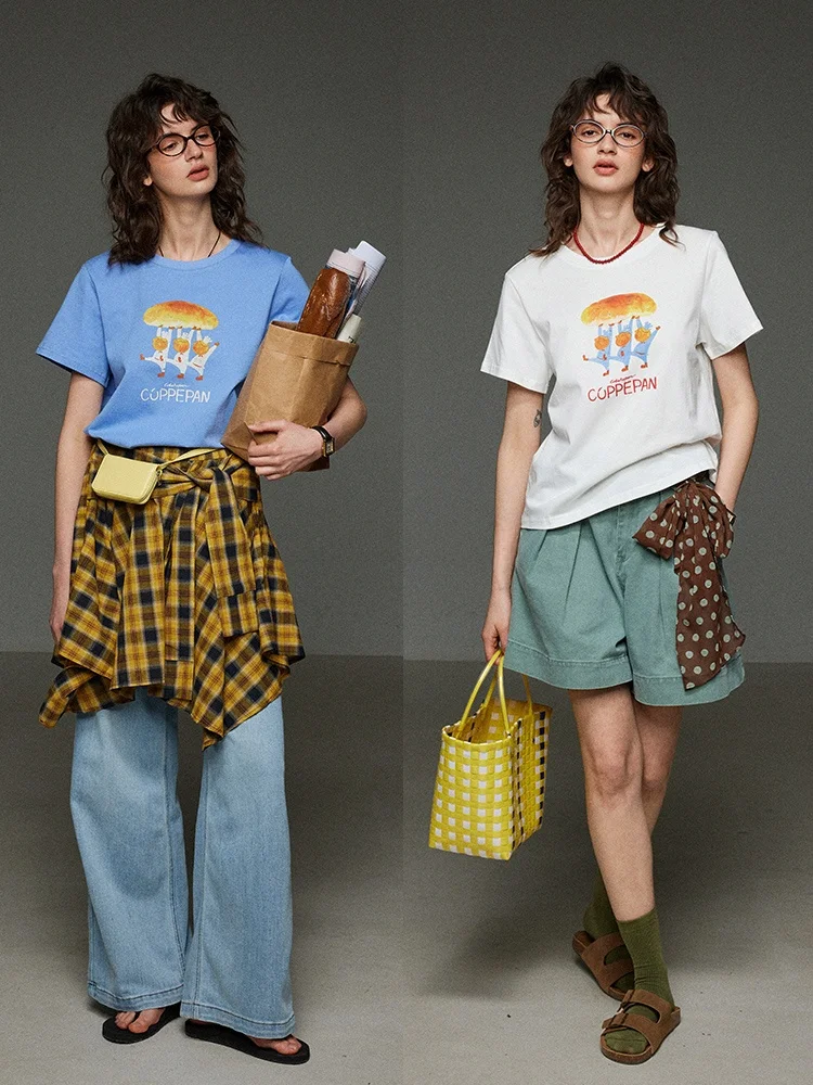 

Футболка LITLECOT из хлопка с принтом «Хлеб», круглый вырез, модная универсальная женская футболка для весны и лета, различные цвета