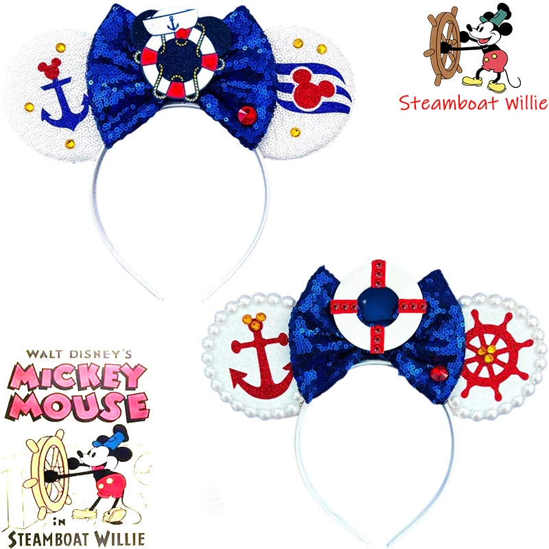 

Disney Steamboat Willie Rudder Anchor Ears Headbands Kid Mickey Hairband Women Life Buoy Bow Hair Accessories For Girls Carnival