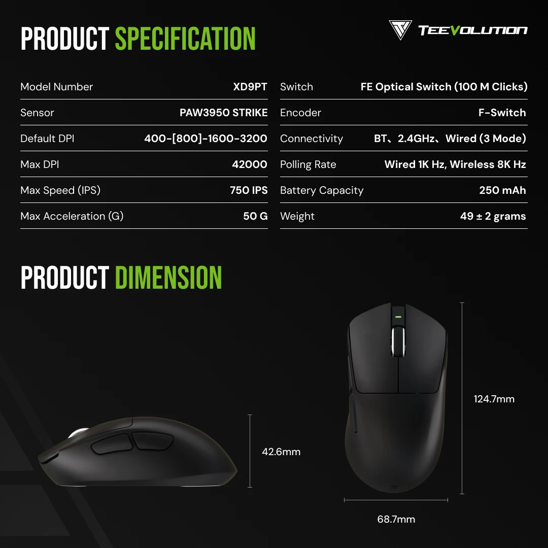 TEEVOLUTION TERRA PRO XD9 ماوس ألعاب لاسلكي PAW3950 Nordic 52840 ماوس خفيف للغاية 49 جرام 8 كيلو هرتز مع ماوس استقبال الشاشة