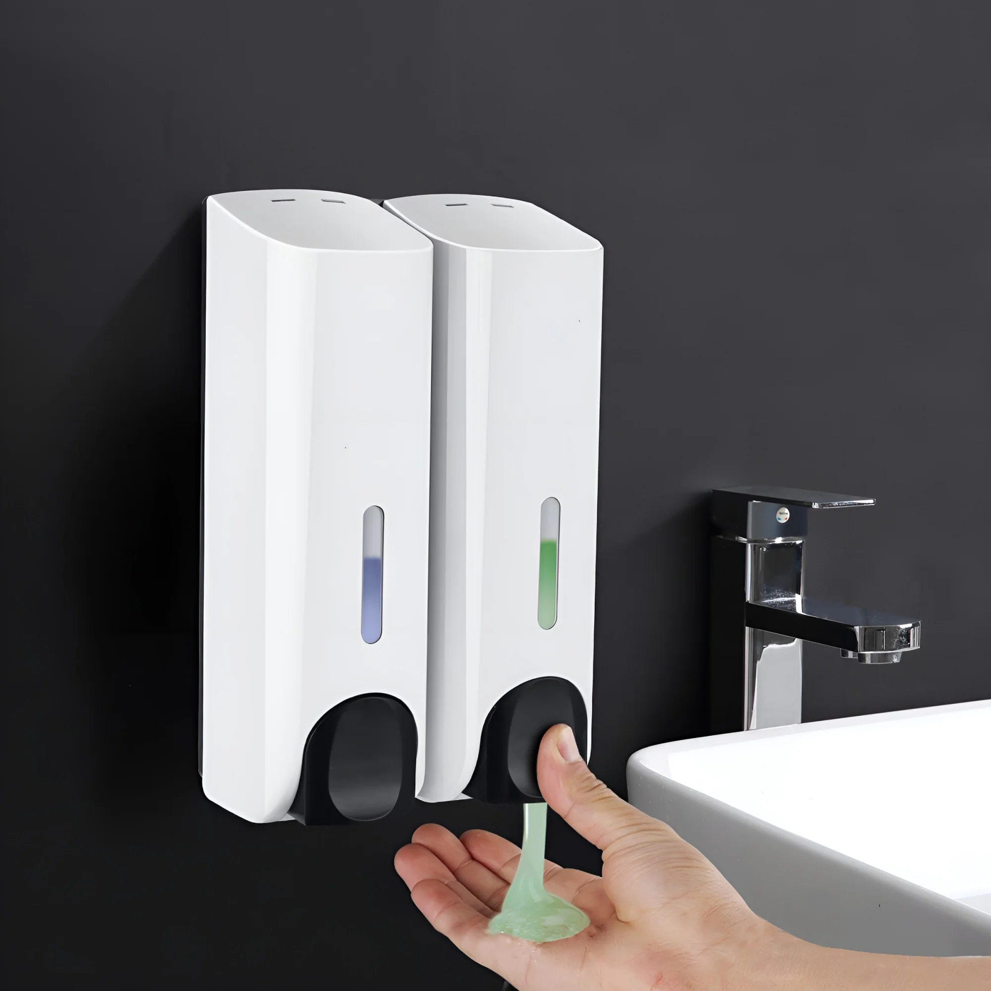 2pcs Wall Mounted Hand Sanitizer Dispenser, Press Type Liquid Soap Shower Gel Shampoo Dispenser, Bathroom Accessories, 2x 350ml