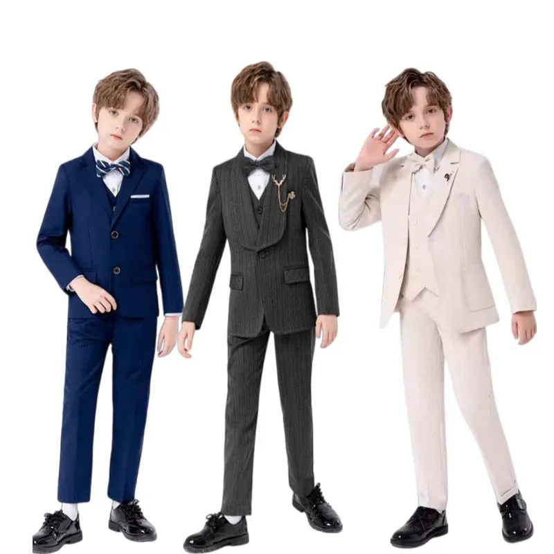 British Kids Spring Cos 4Pieces/s Jacket Vest Pants Bowtie Wedding Dress Boys Photography Suit Children Host Speech Costume