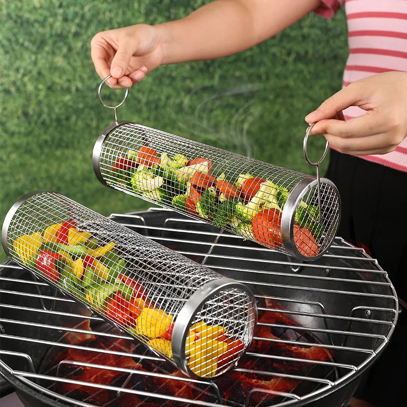 

Barbecue Cages Barbecue Grill Grate Camping Picnic Cookware Outdoor Round BBQ Campfire Grill Grid Rolling Grill Basket